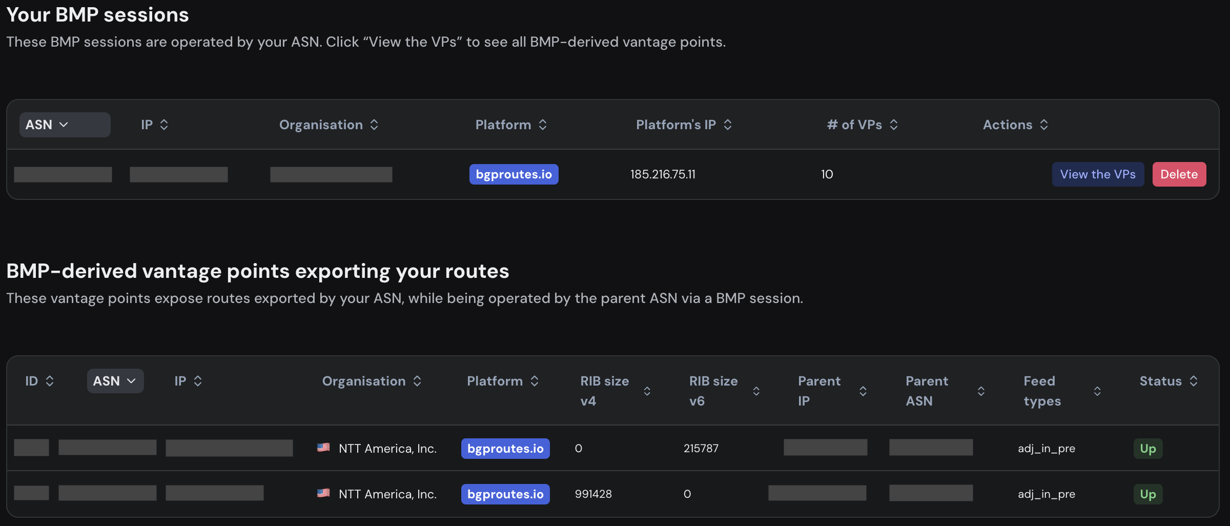 BMP information available in the "Your VPs" page